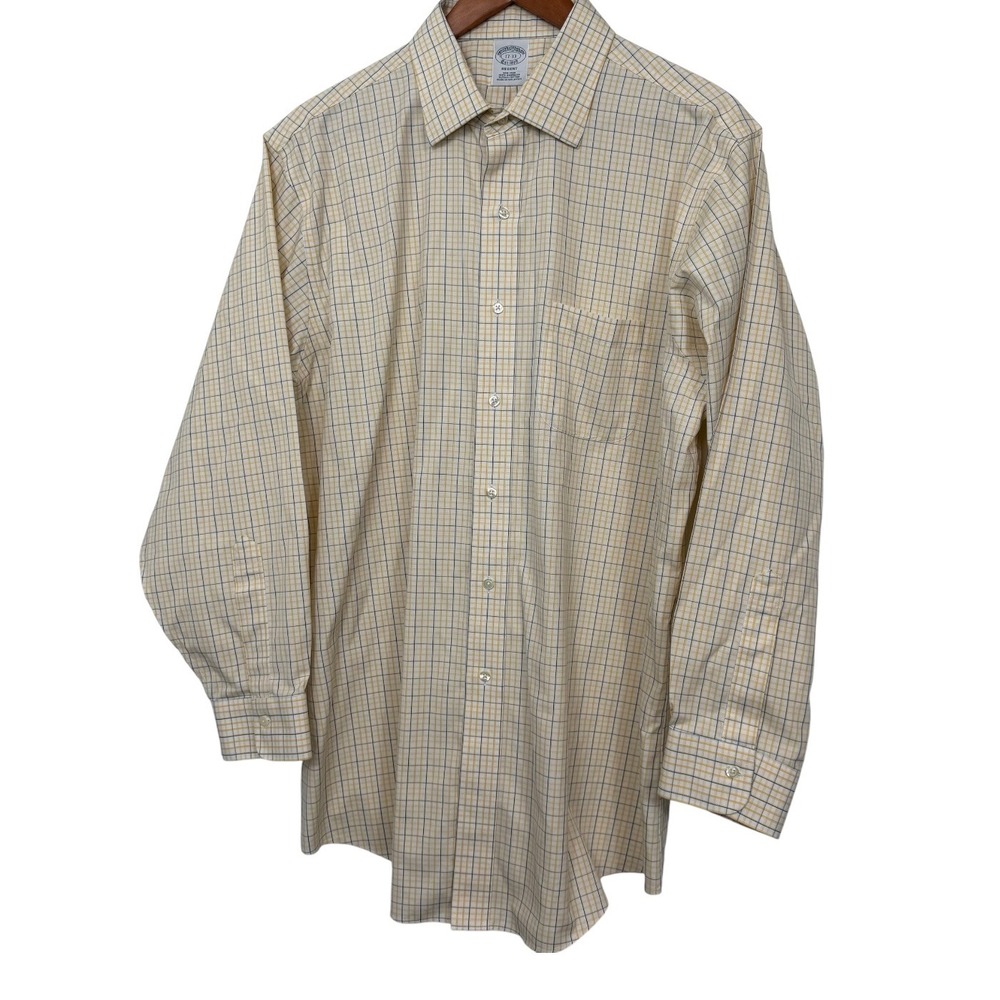 Brooks Brothers Regent Fit Dress Shirt 17 33 Yellow Blue Check Non-Iron Supima